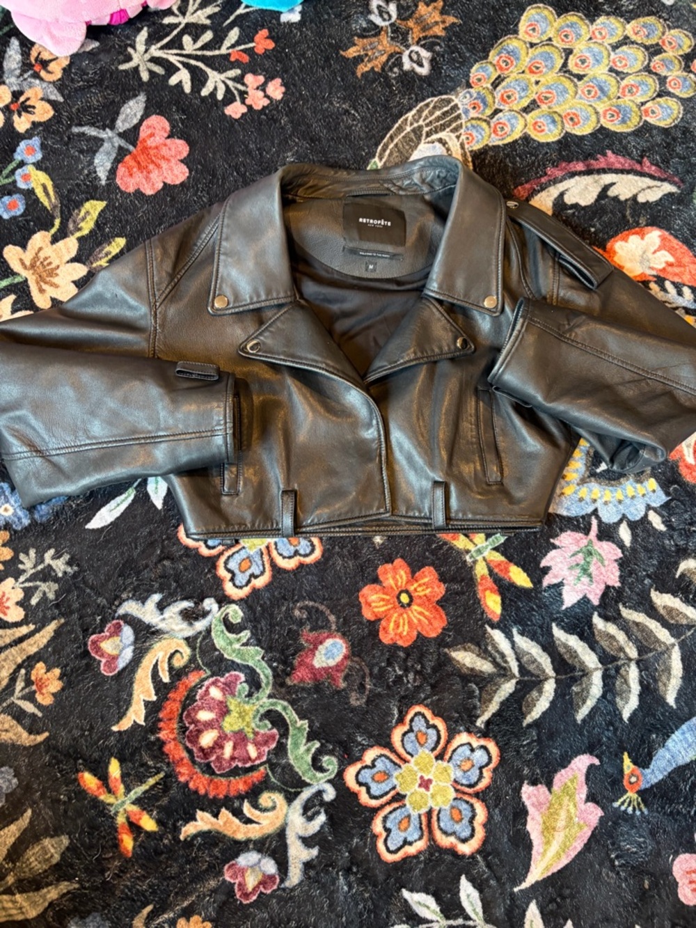Retrofte Black Cropped Leather Moto Jacket Belted Sz M